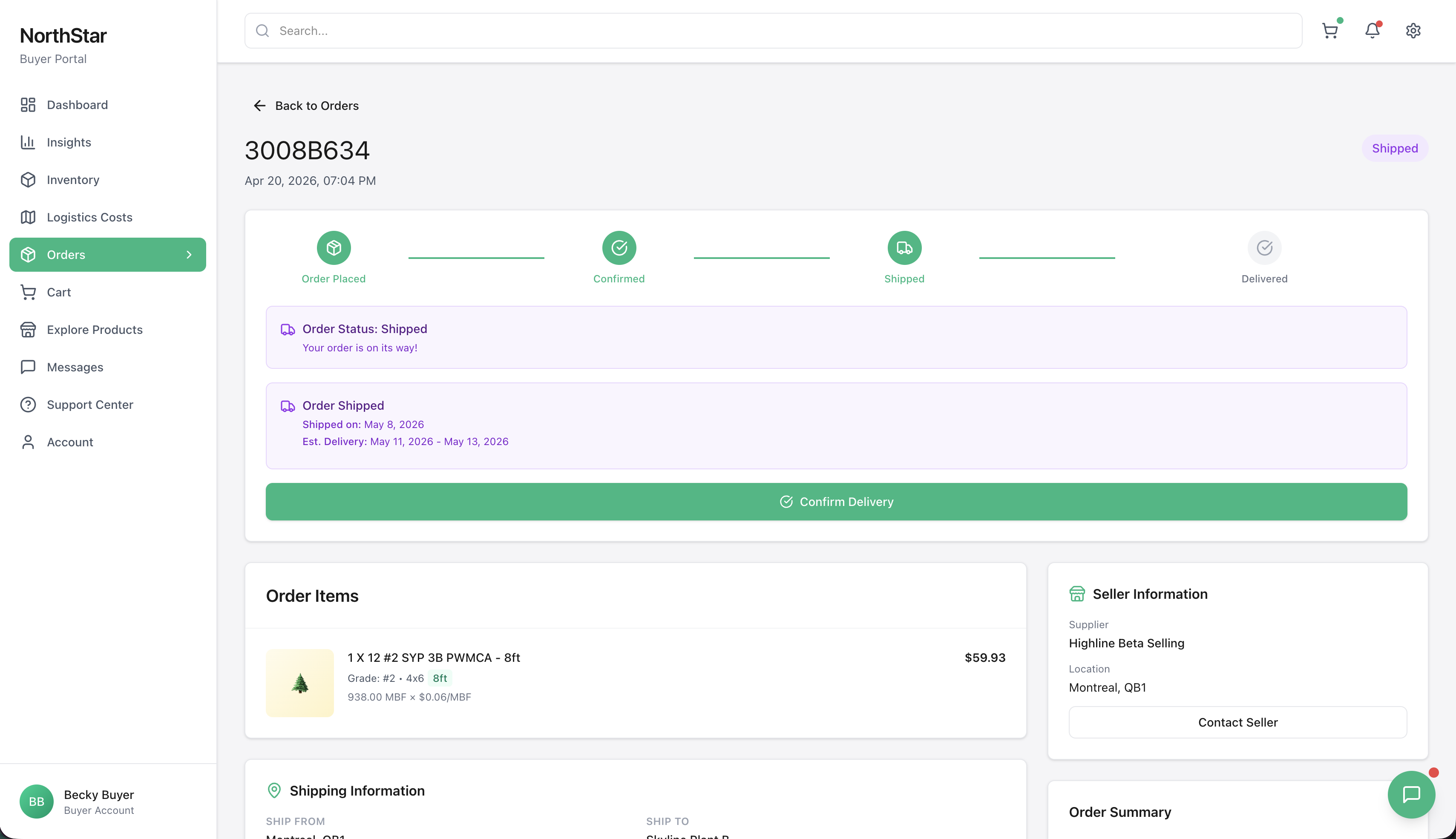 NorthStar product dashboard showing order details